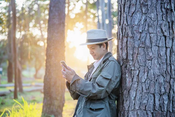Asian man with mobile phone in forest tree nature - people in spring nature and technology concept