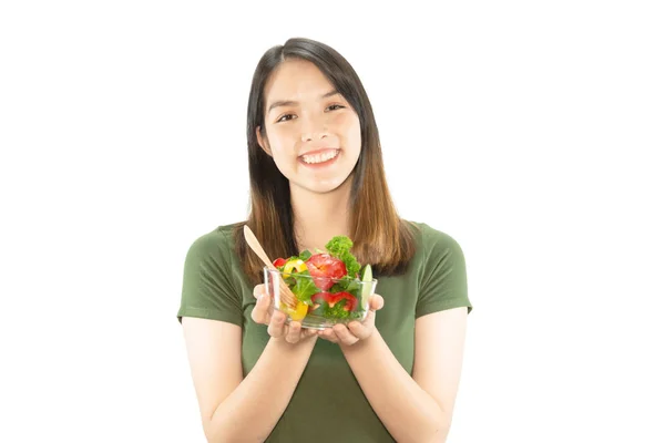 Senhora Feliz Gosta Comer Salada Legumes Sobre Fundo Espaço Cópia — Fotografia de Stock