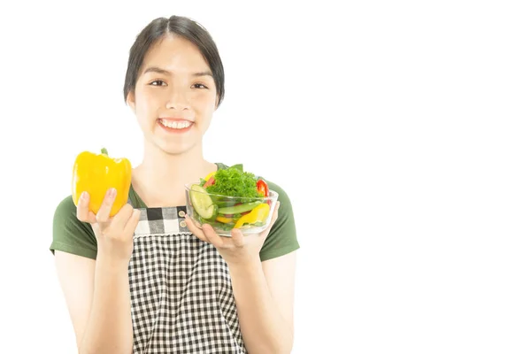 Happy Lady Enjoy Eating Vegetable Salad White Copy Space Background — Stock Photo, Image