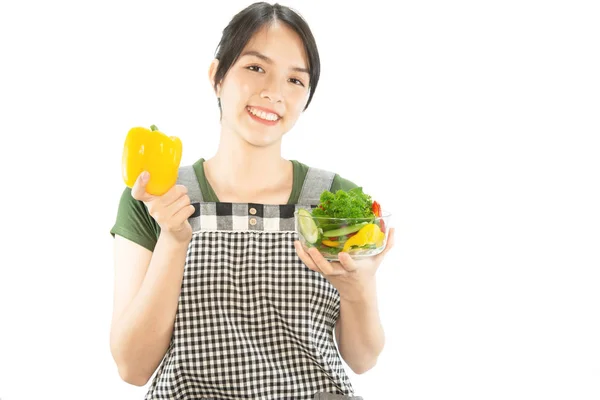 Happy Lady Enjoy Eating Vegetable Salad White Copy Space Background — Stock Photo, Image