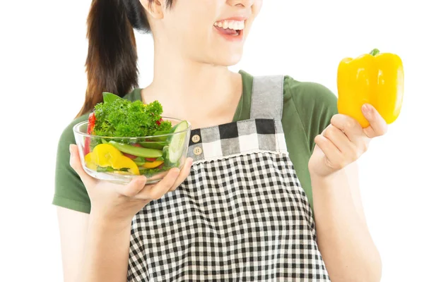 Happy Lady Enjoy Eating Vegetable Salad White Copy Space Background — Stock Photo, Image