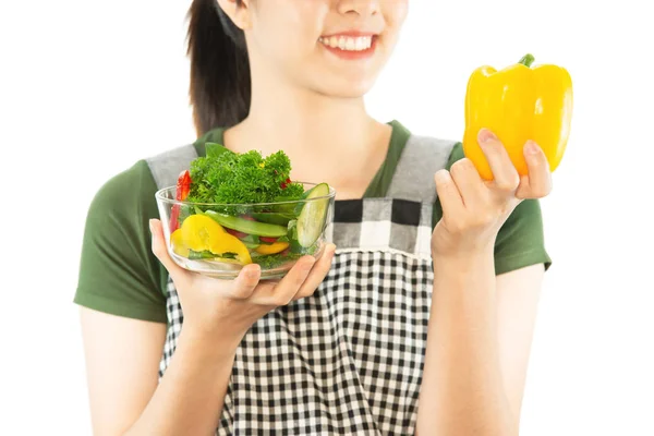 Happy Lady Enjoy Eating Vegetable Salad White Copy Space Background — Stock Photo, Image