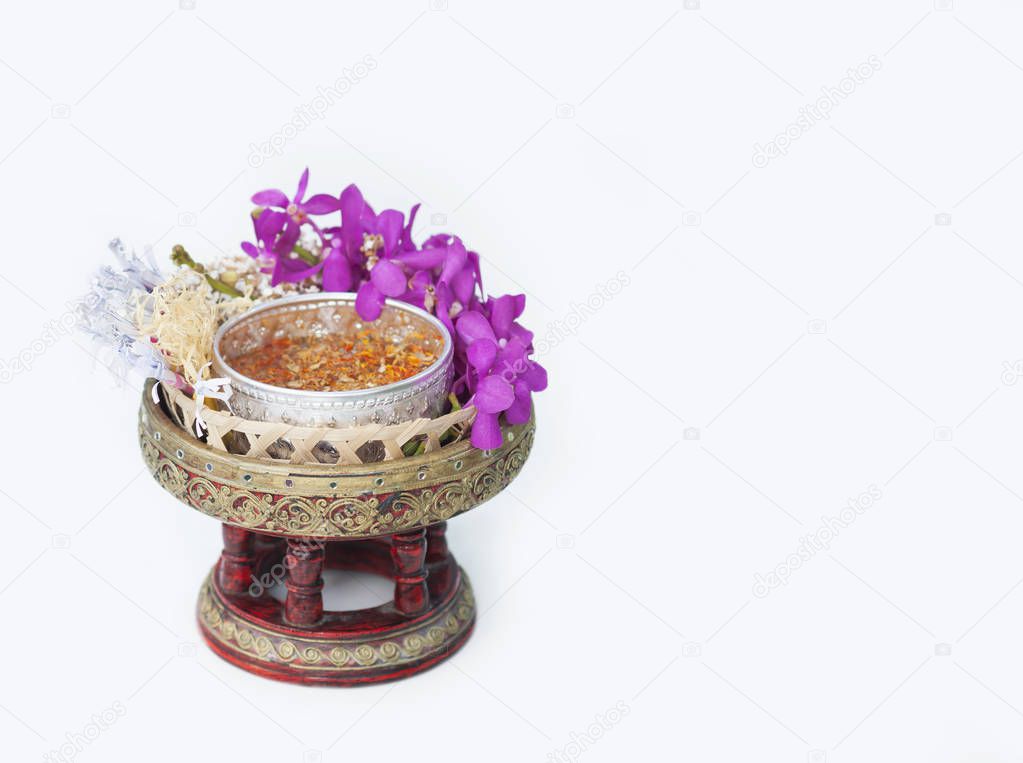 Traditional object prepare for using in Songkran festival for pay respect the elderly and holy thing - Songkran festival of northern Thai traditional holiday concept