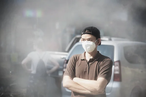 Hombre Que Usa Máscara Protege Polvo Fino Ambiente Contaminación Del — Foto de Stock