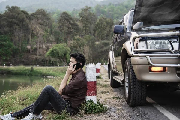 Man Try Fix Car Engine Problem Local Road Chiang Mai — Stock Photo, Image