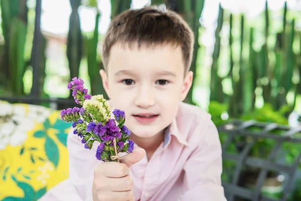 レストランで花とサボテンで遊ぶ少年 自然の概念に満足している少年 — ストック写真