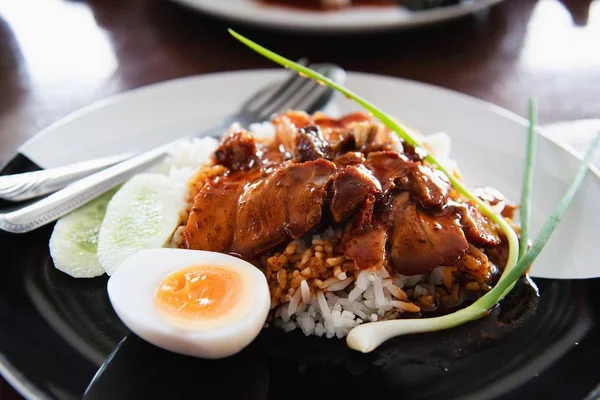 Rood Varkensvlees Rijst Beroemd Thais Eten Recept — Stockfoto