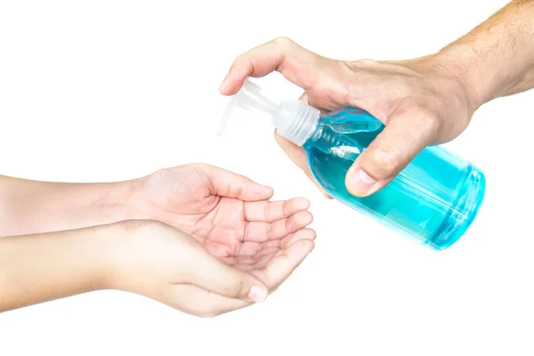 Closeup Father Hand Pushing Alcohol Sanitizer Gel Pump Dispenser Son — Stock Photo, Image