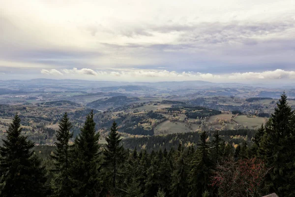 Панорама Krkonose з ялинами та хмарним небом перед зимою — стокове фото