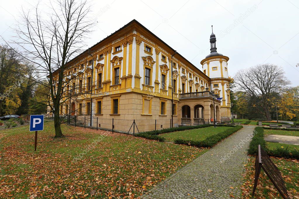 Renovated Linhartovy castle building with circle tower