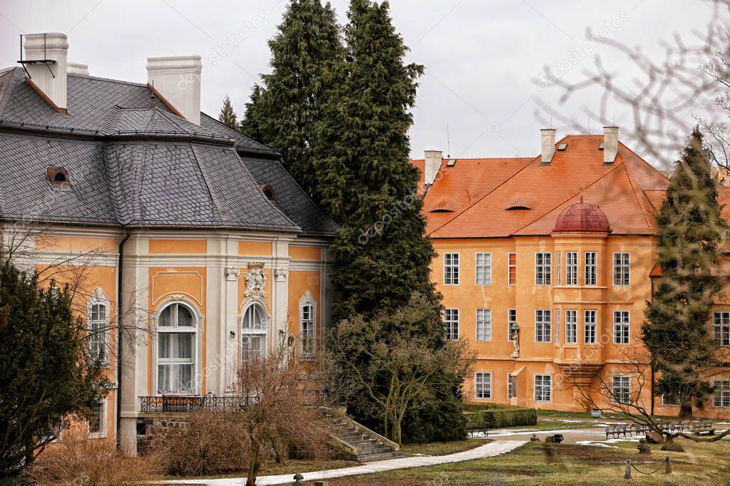 Petrohrad castle buildings with palace in the garden