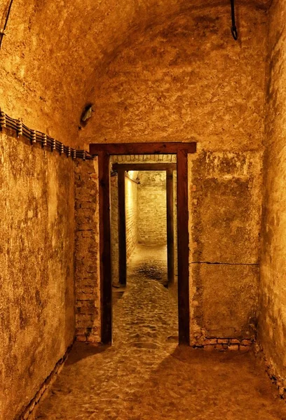 Antiguo sótano histórico con puerta enmarcada de madera y suelo polvoriento — Foto de Stock