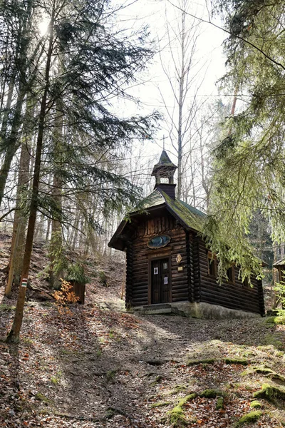 Маленька дерев'яна каплиця в лісі — стокове фото