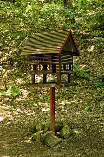 Pole ptak w kształcie zabytkowego domu z muru prugo — Zdjęcie stockowe