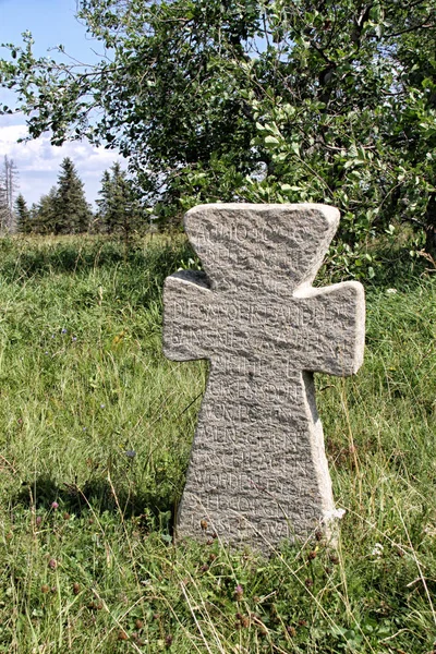 Velho crucifixo pedregoso na grama junto à árvore — Fotografia de Stock