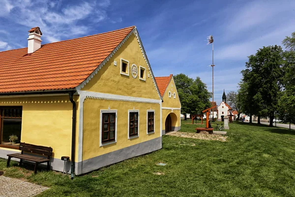 Klassische tschechische Häuser mit Rasen und Maibaum — Stockfoto