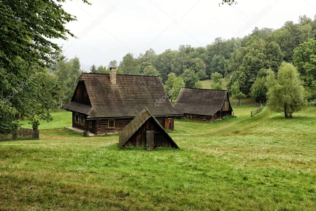 Wooden cottages on grassy hill by the forest