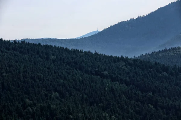 Zakrzywione szczyty lasu z lysa-hora w tle — Zdjęcie stockowe