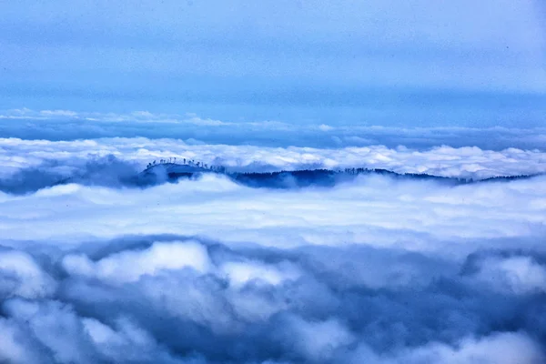 Sobre nubes azules con cimas de montaña con árboles en el medio —  Fotos de Stock