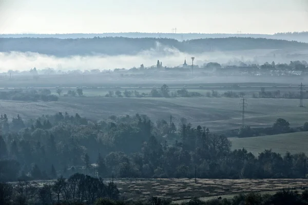 Панорама Легкого Туману Вкрита Осінньою Сільською Сценою — стокове фото