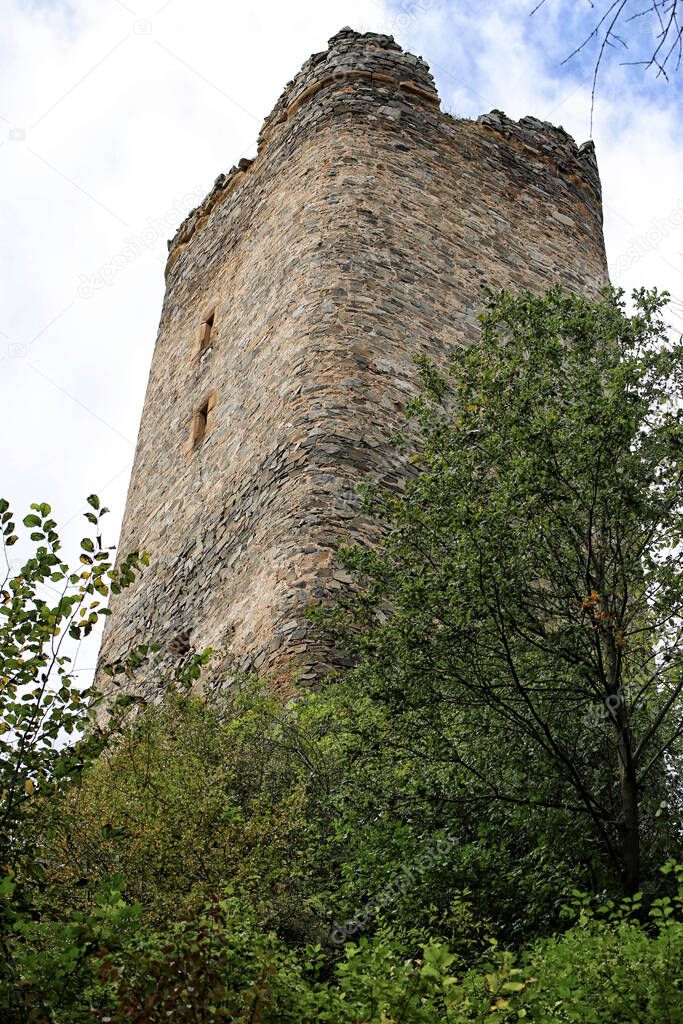 Old medieval castle tower over the trees on summer day