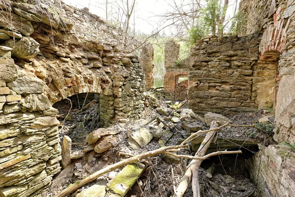 Antiguo Interior Devastado Gran Edificio Residencial Sin Techo Con Follaje — Foto de Stock