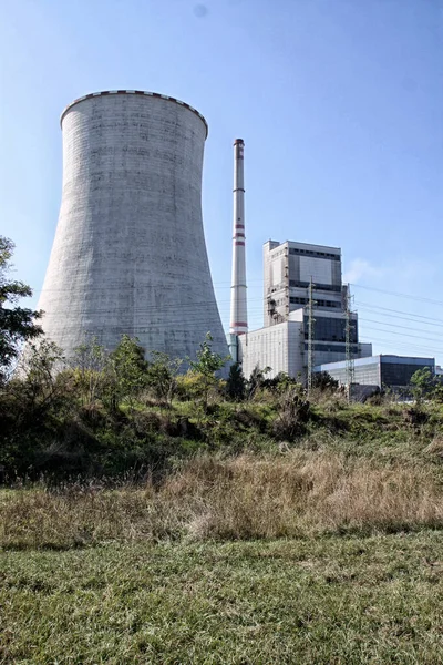 Big coal power station Melnik with single cooling tower and chimney