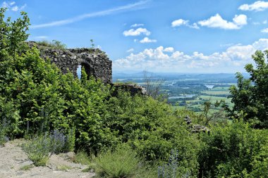 Yaz günü Bohemya kırsalının yukarısındaki tepedeki saray harabeleri.