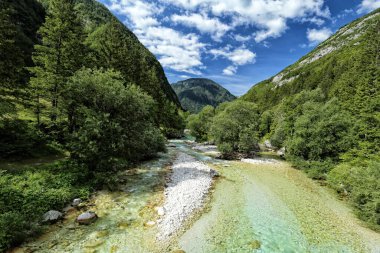 Soca Nehri Vadisi 'nin altında yaz günü beyaz çakıl taşları var.