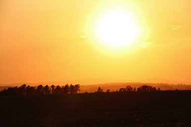Sarı-turuncu yaz günbatımı Uzak ağaçların ve tepelerin siluetiyle