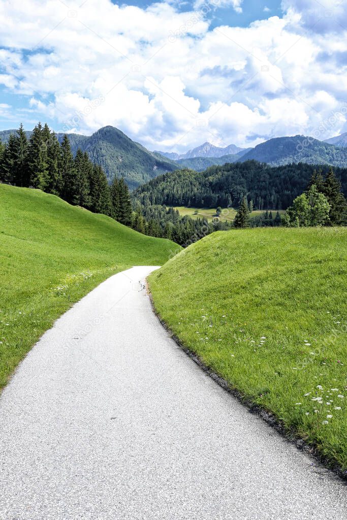 Narrow curved road between grass pastures in Austrian Alpine scenery