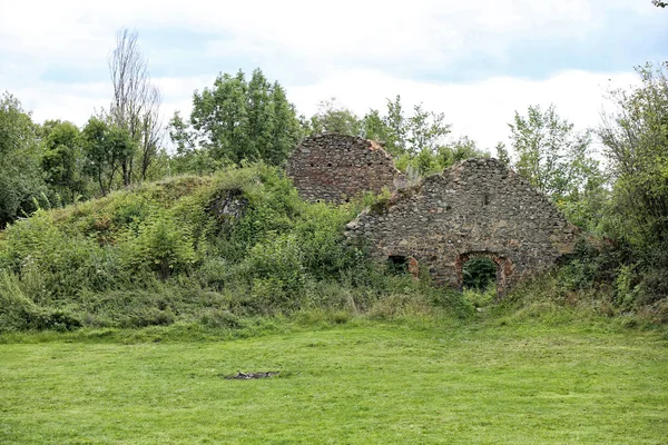 Ruinas Del Antiguo Granero Paredes Frontales Traseras Cubiertas Por Arbustos — Foto de Stock