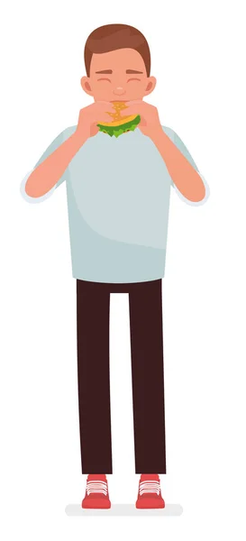 一个快乐的家伙吃汉堡包矢量卡通设计插图在白色背景下隔离 — 图库矢量图片
