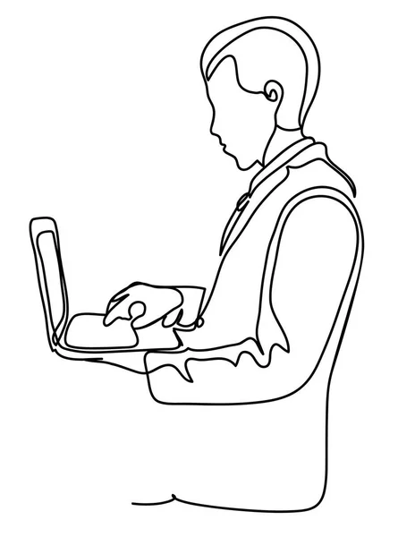 Успішний Бізнесмен Костюмі Стоїть Збоку Тримаючи Ноутбук Під Рукою Ілюстрація — стоковий вектор