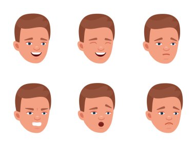 Genç adam farklı duygular ifade. Üniversite öğrencisi, genç. Vektör karikatür tasarım illüstrasyon izole beyaz arka plan üzerinde.