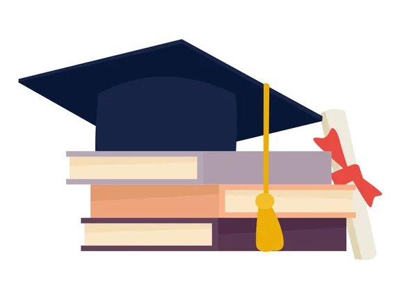 Grad Hoed Diploma Met Boeken Geïsoleerd Een Witte Achtergrond Vectorillustratie — Stockvector