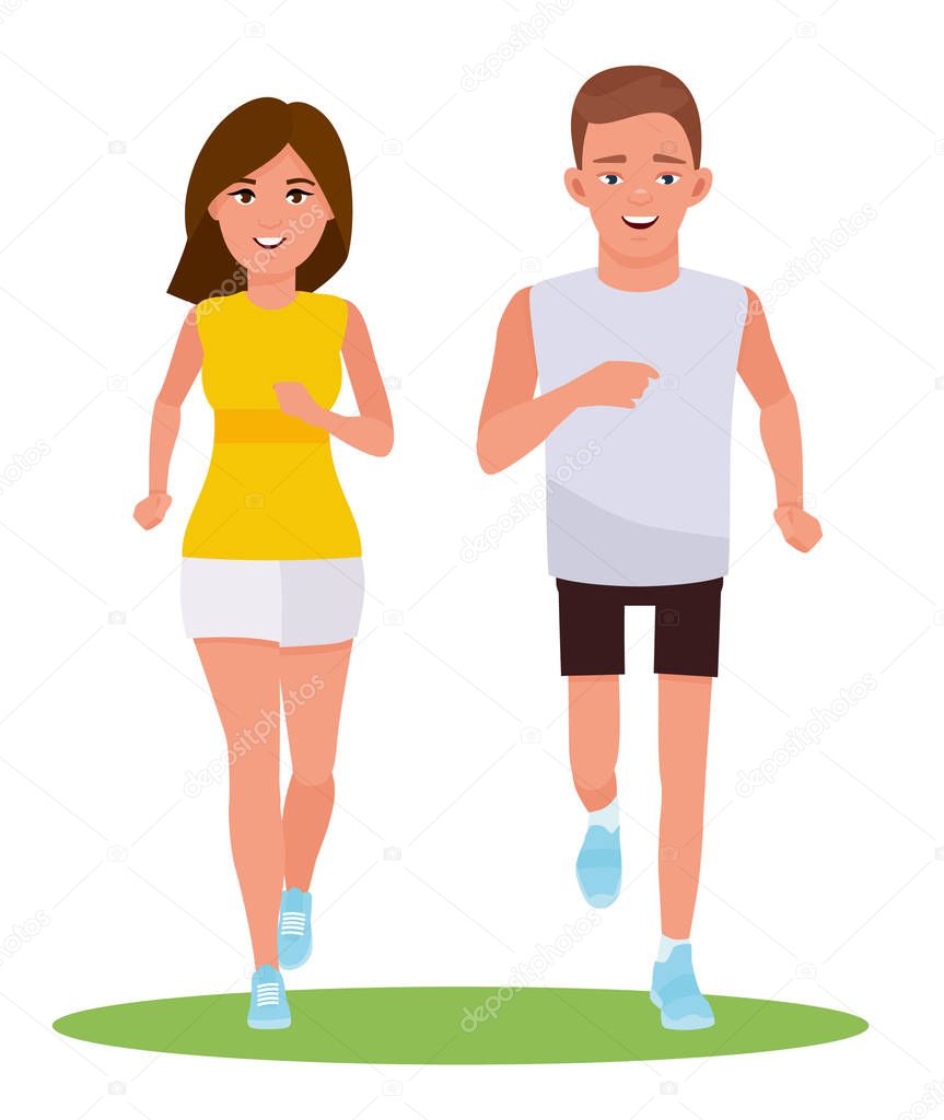Young couple running. Vector cartoon design illustration isolated on white background.