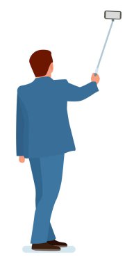 Çekim cep telefonu selfie resim sahip adam. Vektör tasarım illüstrasyon izole beyaz arka plan üzerinde.