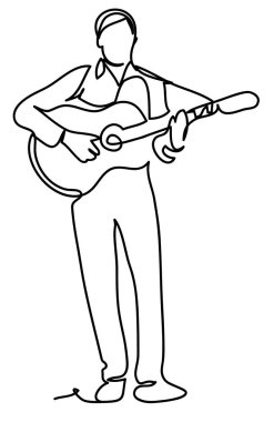 Adam gitarist. Sürekli çizgi çizme. Beyaz arka plan üzerinde izole. Vektör tek renkli