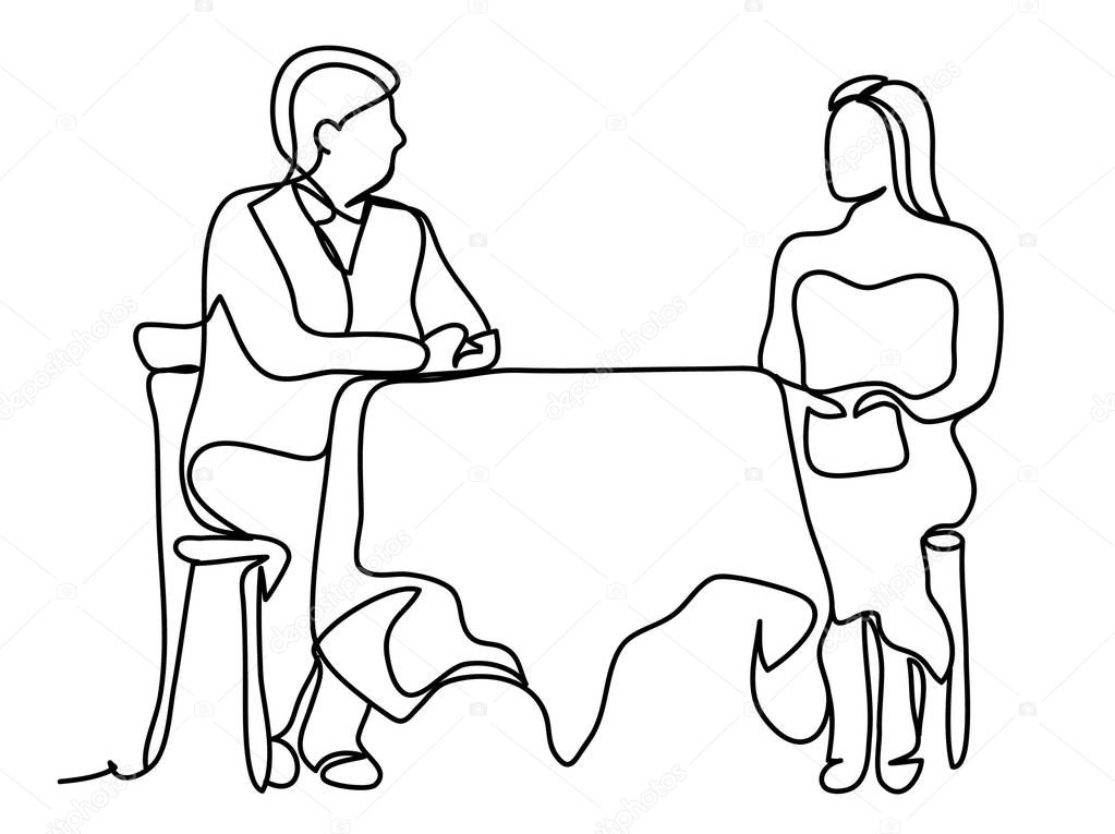 Man and woman eating on a date seated at a restaurant table isolated on white background. Continuous line drawing. Isolated on the white background. Vector monochrome