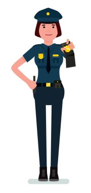 Kadın polis memuru belirteç gösterir. Vektör karikatür tasarım illüstrasyon izole beyaz arka plan üzerinde.