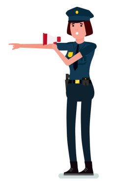Kadın polis memuru megafon içinde konuşma. Vektör karikatür tasarım illüstrasyon izole beyaz arka plan üzerinde.