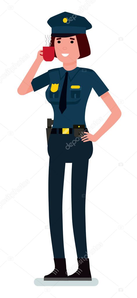 Happy female police officer with coffee cup. Vector cartoon design illustration isolated on white background.