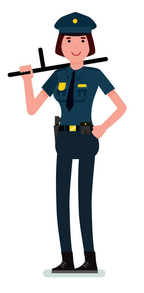 Vector cartoon image of a woman police officer with brown hair in a police uniform with a baton in her hand. Vector flat design illustration isolated on white background.