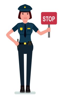 Kadın polis memuru bir Dur işareti tutarak. Çizgi film karakteri beyaz arka plan üzerinde izole kadın polis. Vektör çizim polis memuru çizgi film tarzı.
