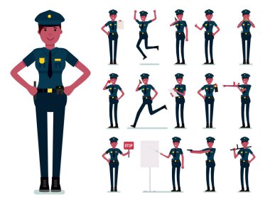 Kadın polis karakter oluşturma vektör tasarımı. Kadın Afrika polis memuru. Vektör düz tasarım illüstrasyon izole beyaz arka plan üzerinde.