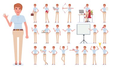 İş kadın karakter oluşturma küme. Kendi inşa etmek. Çizgi film Infographic illüstrasyon izole beyaz arka plan üzerinde.