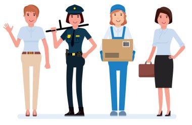 Kadınlar farklı meslek karakter vektör tasarımı. Çizgi film vektör karakter çizim.