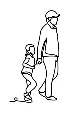 Baba ve kızı elini tutarak portre tonda. Sürekli çizgi çizme. Beyaz arka plan üzerinde izole. Vektör tek renkli