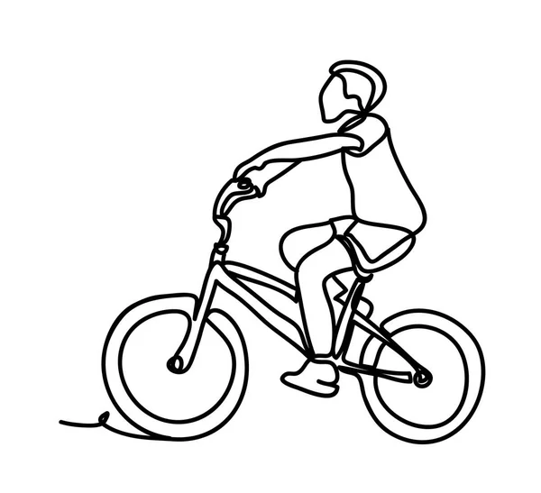 Chico Montando Bicicleta Dibujo Continuo Línea Aislado Sobre Fondo Blanco — Vector de stock